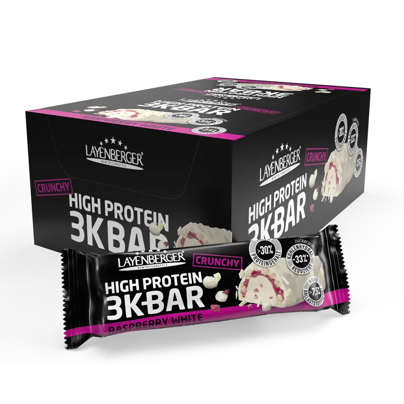 Protein Riegel Crispy Raspberry 3K PROTEIN BAR CRUNCHY Raspberry White 15er Karton – LAYENBERGER ...