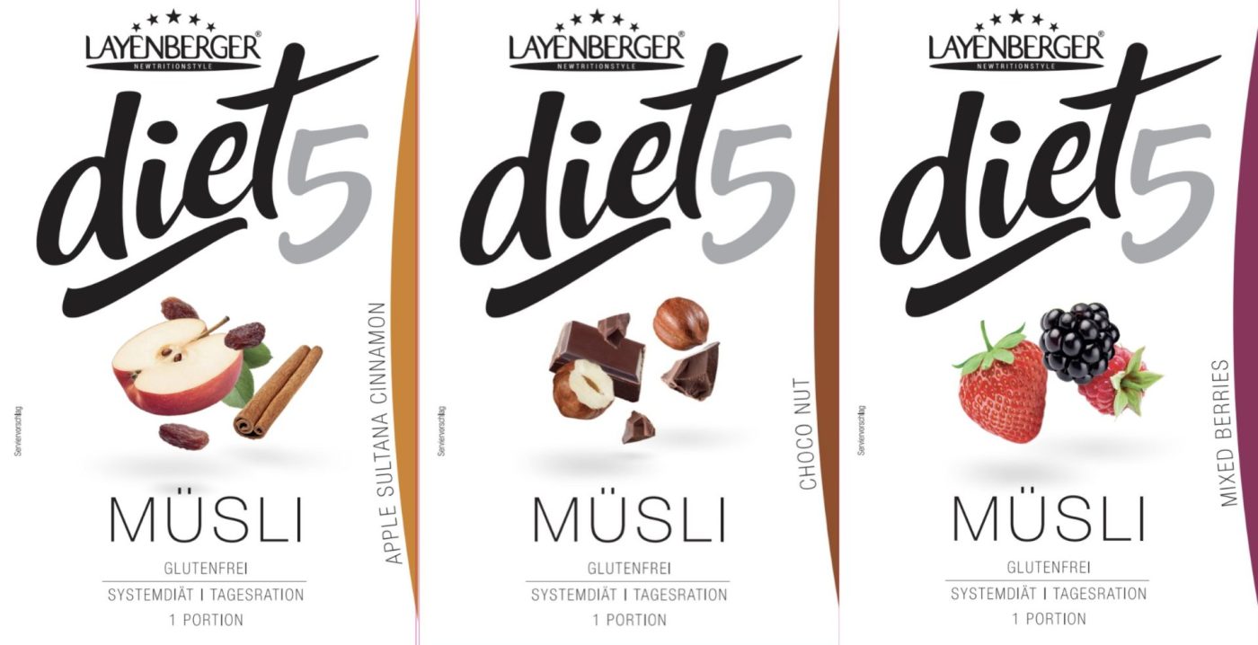 Die drei Layenberger diet5-MüslisChoco-Nut, Mixed Berries und Apple-Sultana-Cinnamon!