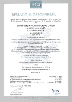 Die aktuelle IFCS-Zertifizierung der Layenberger Nutrition Group GmbH.